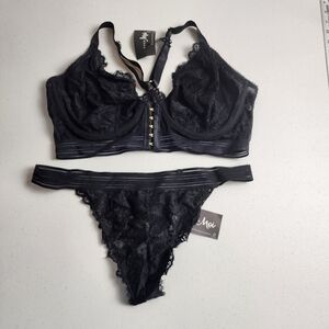 Playful Promises Revolution Black Lace Lingerie Set Bra 38F & Thong XL